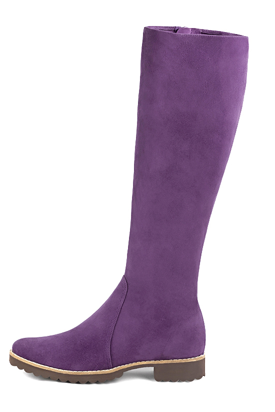 Amethyst purple women's riding knee-high boots. Round toe. Flat rubber soles. Made to measure. Profile view - Florence KOOIJMAN